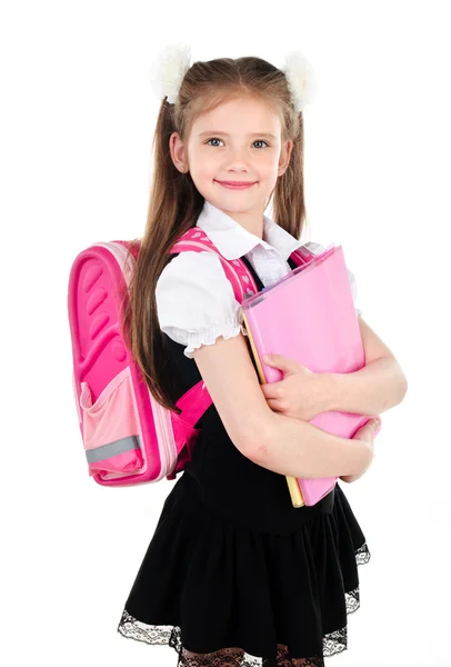 Portret van glimlachen schoolmeisje in uniform met rugzak — Stockfoto