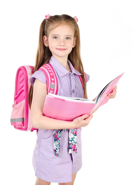 Retrato de colegial sorridente com livro e mochila — Fotografia de Stock