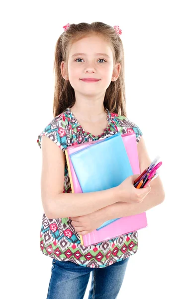 Portret van schoolmeisje glimlachend met boeken geïsoleerd — Stockfoto