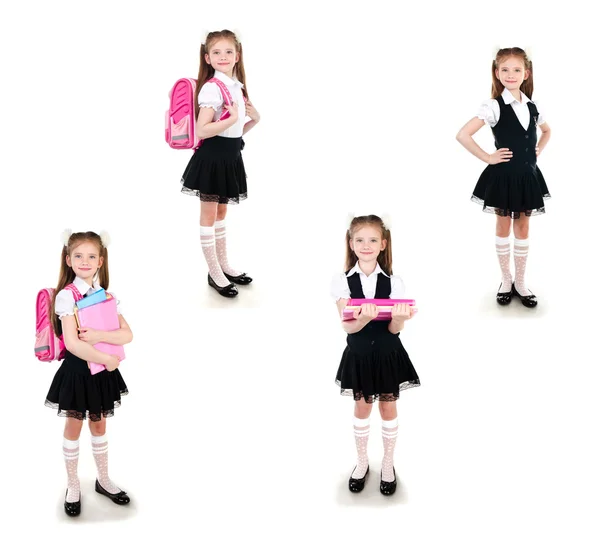 Kolekce fotografií s úsměvem školačka v uniformě s batohem — Stock fotografie