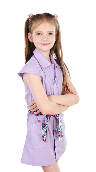 Rozkošný usměvavá holčička v šatech, samostatný — Stock fotografie