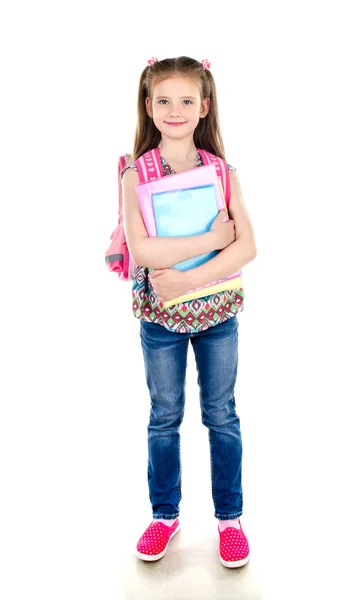 Portrait of smiling schoolgirl with books and backpack isolated — Stock Photo, Image