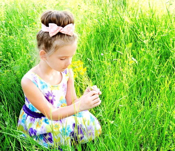 Adorável sorrindo menina no prado cheirando as flores — Fotografia de Stock