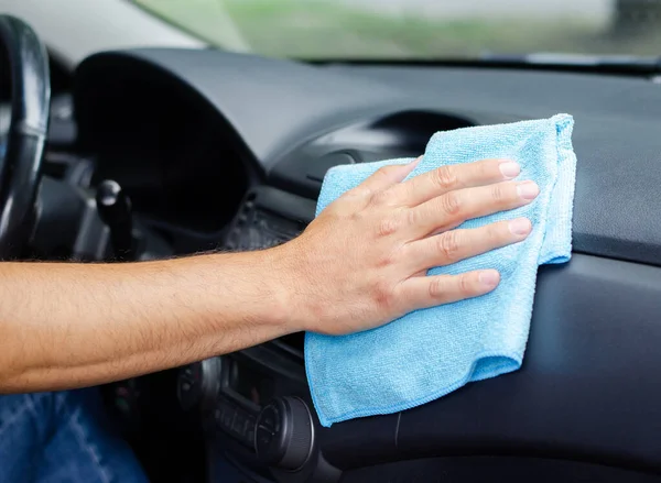 Cleansing Car Interior Male Hand Disinfecting Vihicle Protection Virus Disease — Stock Photo, Image