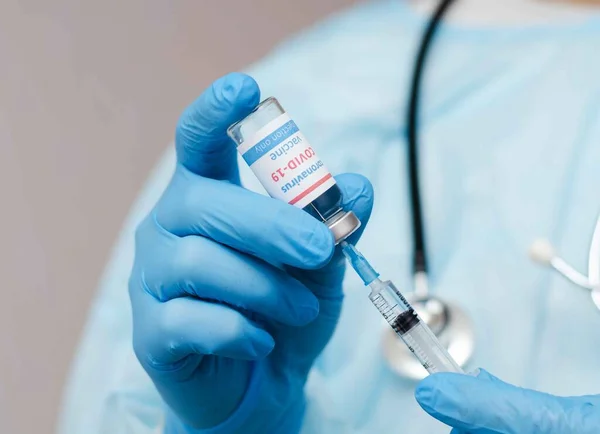 Doctor Nurse Scientist Hand Blue Gloves Holding Coronavirus Covid Vaccine — Stock Photo, Image