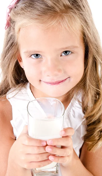 Smiling little girl drinking milk isolated — Stock Photo, Image