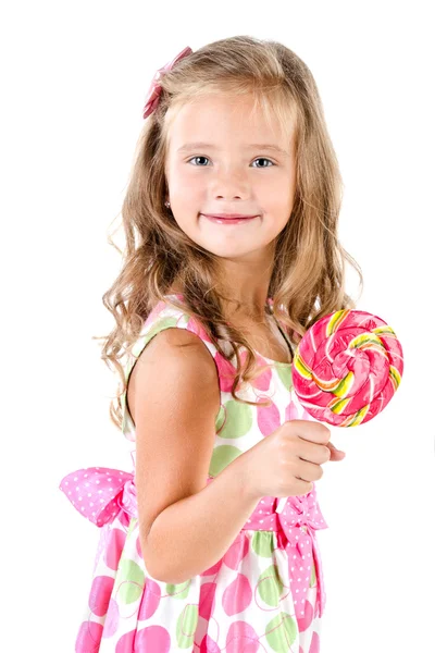 Niña feliz con piruleta aislada — Foto de Stock