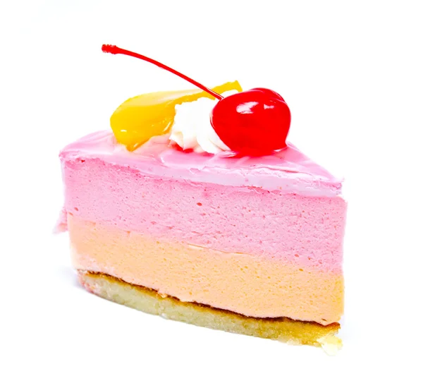 Piece of cream cake with cherry on top isolated — Stock Photo, Image