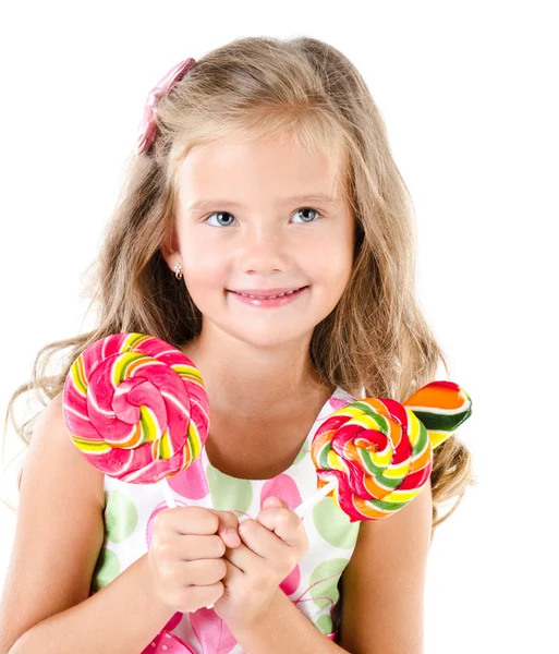 Happy little girl with lollipops isolated — Stock Photo, Image