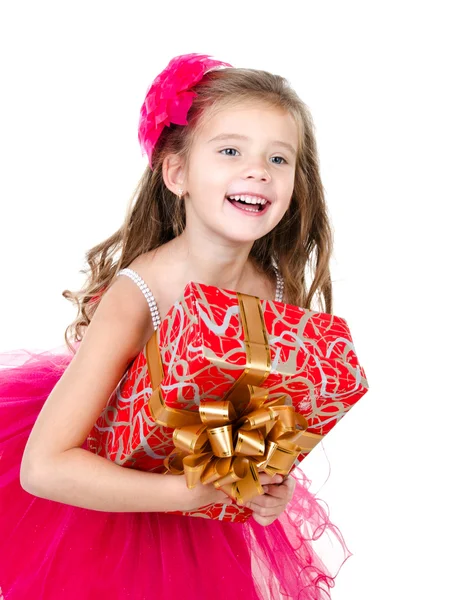 Happy adorable little girl with christmas gift box — Stock Photo, Image