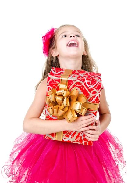 Happy adorable little girl with christmas gift box — Stock Photo, Image