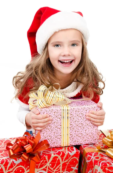 Menina bonito feliz com caixas de presente de Natal — Fotografia de Stock