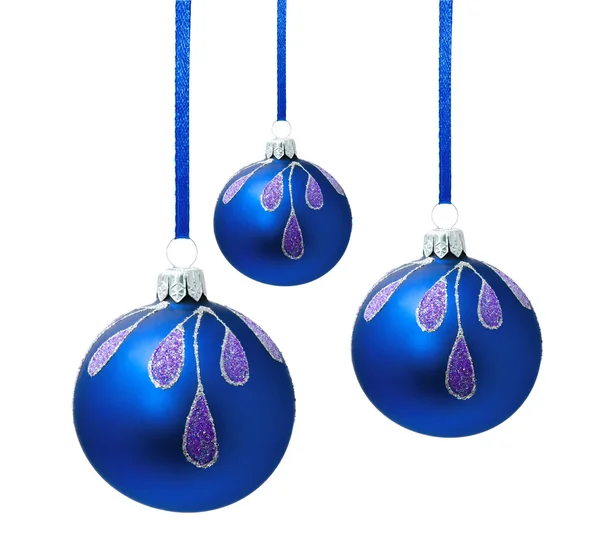 Blue christmas balls with ribbon isolated — Stock Photo, Image