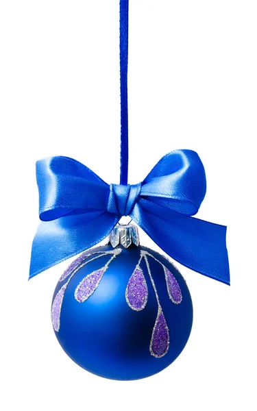 Blue christmas ball with ribbon isolated — Stock Photo, Image