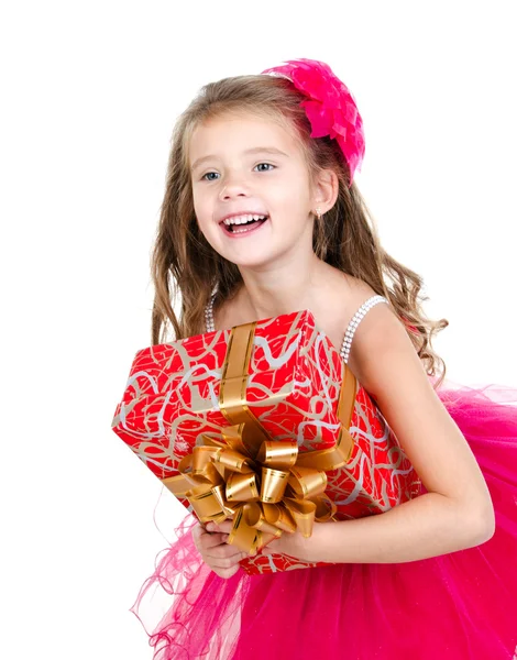 Joyeux adorable petite fille avec boîte cadeau de Noël — Photo