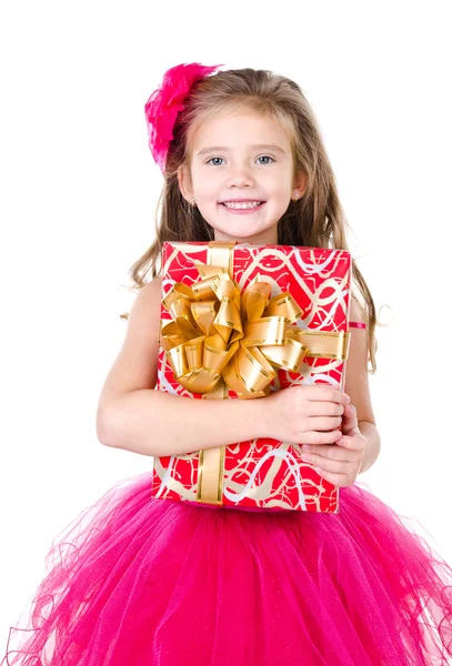 Joyeux adorable petite fille avec boîte cadeau de Noël — Photo