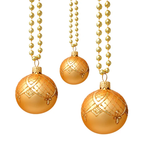 Hanging golden christmas balls isolated — Stock Photo, Image