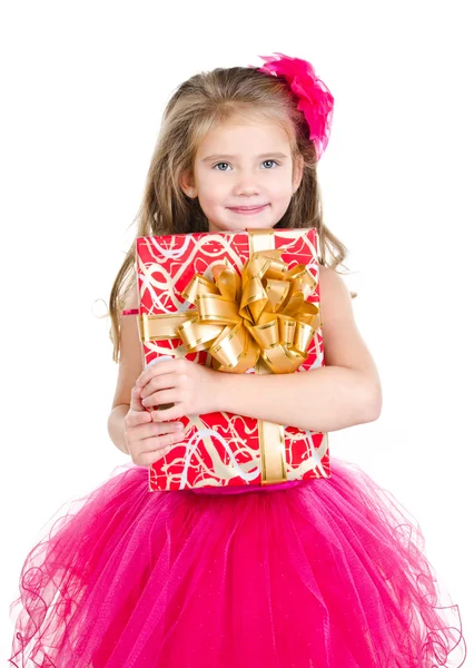 Joyeux adorable petite fille avec boîte cadeau de Noël — Photo