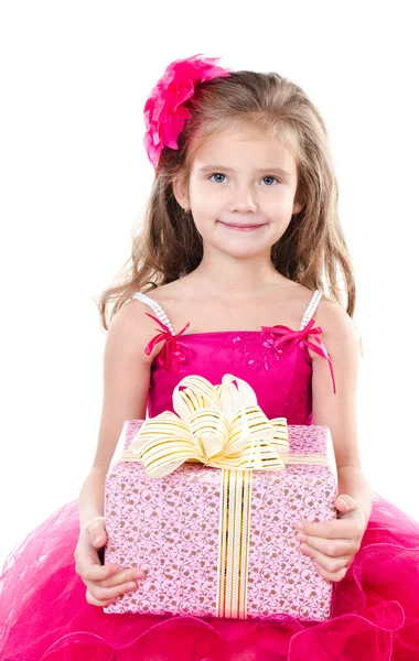 Joyeux adorable petite fille avec boîte cadeau de Noël — Photo