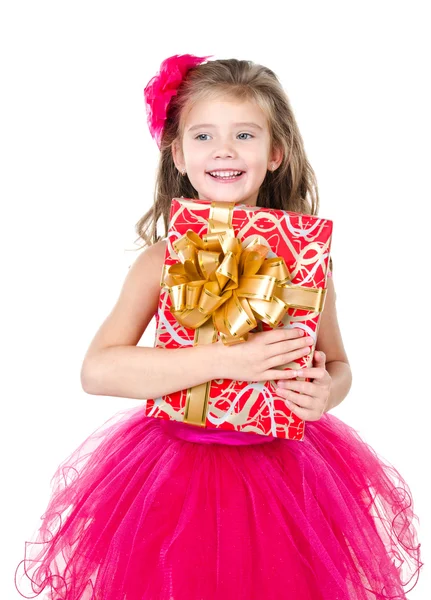 Happy adorable little girl with christmas gift box — Stock Photo, Image