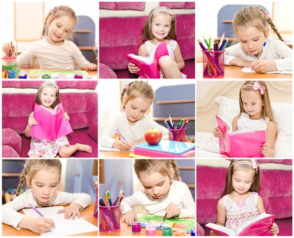 Collection of photos cute little girl writing reading — Stock Photo, Image