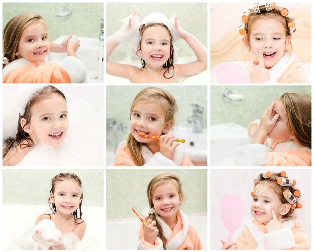 Collection of photos cute little girl washing brushing teeth