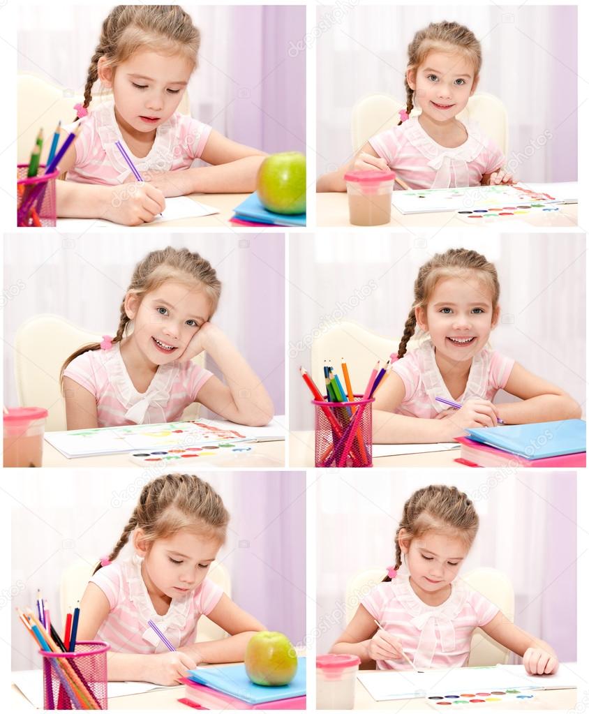 Collection of photos cute little girl writing and drawing