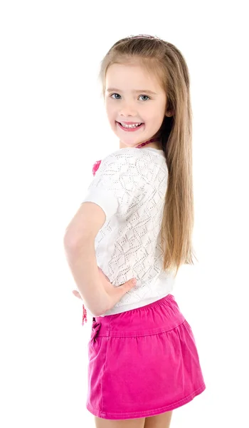 Feliz linda niña en falda con bolsa y perlas —  Fotos de Stock