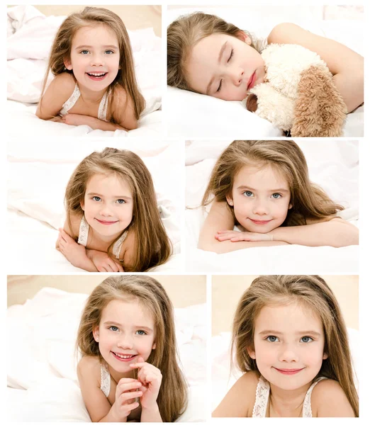 Samling av bilder leende lilltjejen vaknat upp i sin säng — Stockfoto