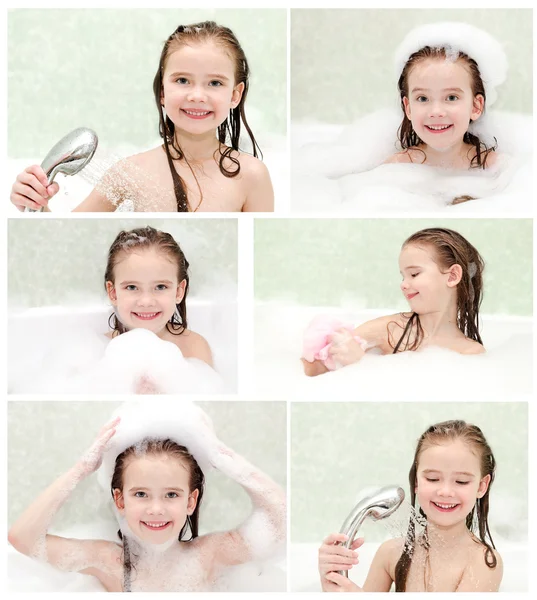 Samling av bilder leende liten flicka tvätt i badet — Stockfoto