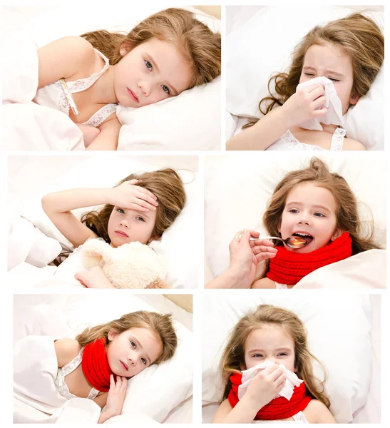 Коллекция фотографий больной маленькой девочки, лежащей в постели — стоковое фото