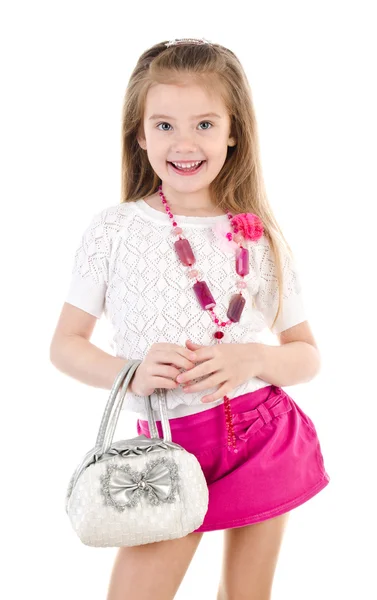 Mutlu sevimli küçük kız etek çanta ve boncuk ile izole — Stok fotoğraf
