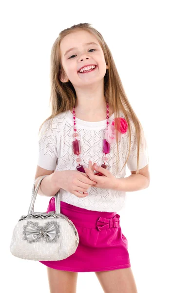 Sevimli mutlu küçük kız çanta ile poz — Stok fotoğraf