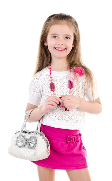 Adorable happy little girl posing with bag isolated
