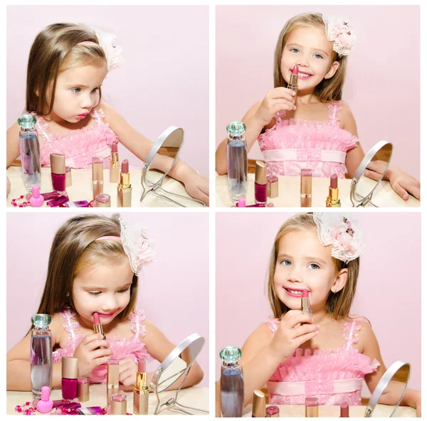 Samling av bilder barn kosmetika bedårande liten flicka med l — Stockfoto