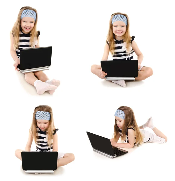 Verzameling van foto's glimlachend schattig klein meisje met laptop — Stockfoto
