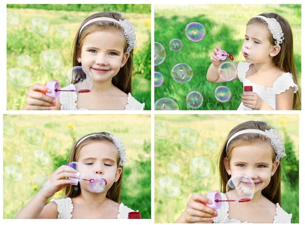 Collectie van foto's is klein meisje waait een zeep bubbels Stockfoto