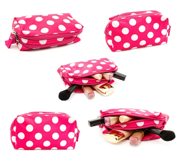 Collection of photos make up bag with cosmetics isolated — Stock Photo, Image