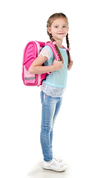 Okul çantası ile kız öğrenci gülümseyen portresi — Stok fotoğraf