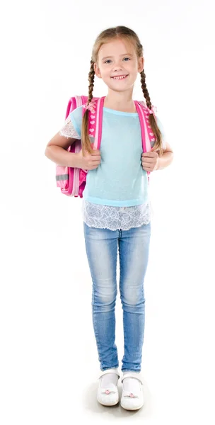 Портрет улыбающейся школьницы со школьной сумкой — стоковое фото