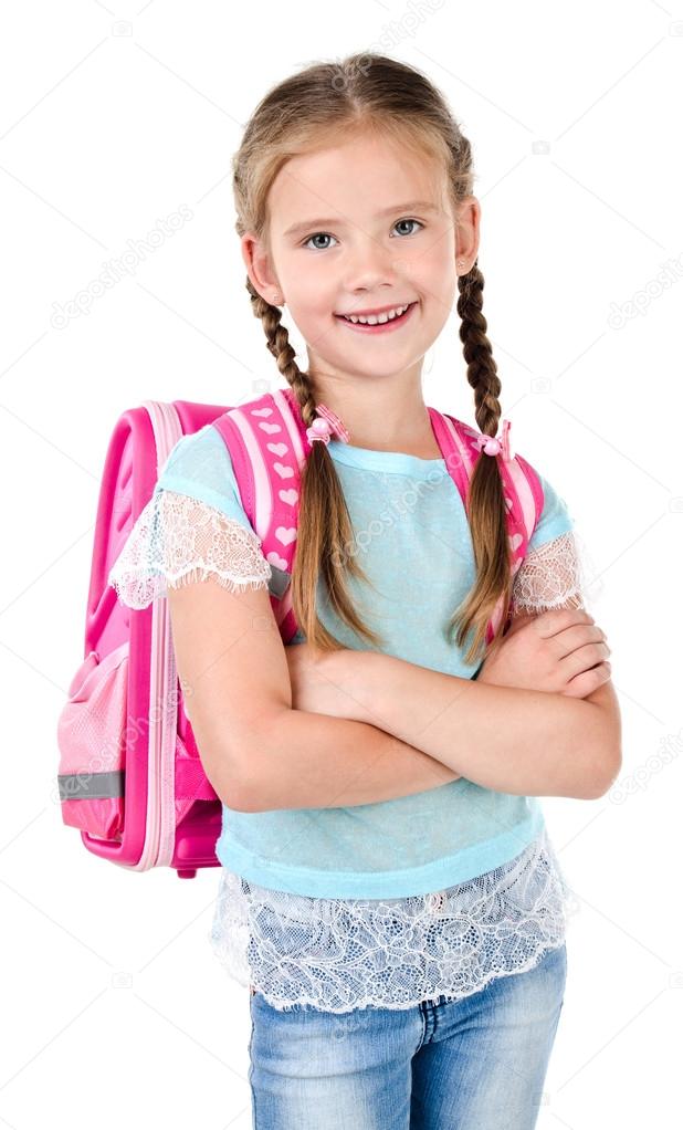 Portrait of smiling schoolgirl with school bag