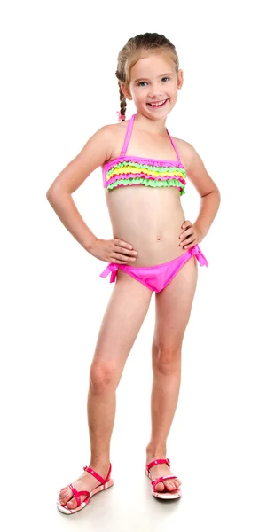 Schattig lachende klein meisje in zwembroek geïsoleerd — Stockfoto
