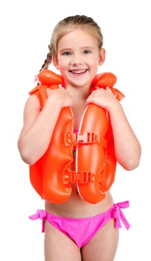 Cute happy little girl in life jacket
