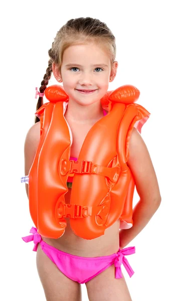 Cute happy little girl in life jacket — Zdjęcie stockowe