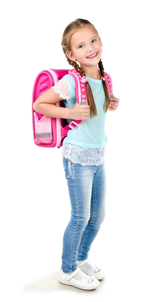 Портрет улыбающейся школьницы с рюкзаком — стоковое фото