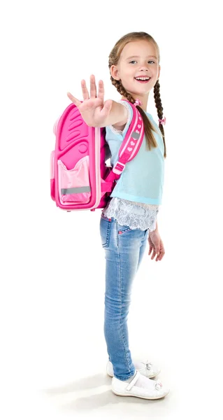 Leende skolflicka med ryggsäck säger hejdå — Stockfoto
