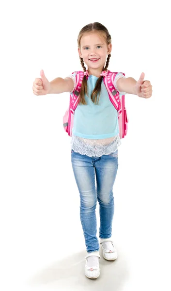 Sırt çantası ve parmak ile mutlu kız öğrenci — Stok fotoğraf