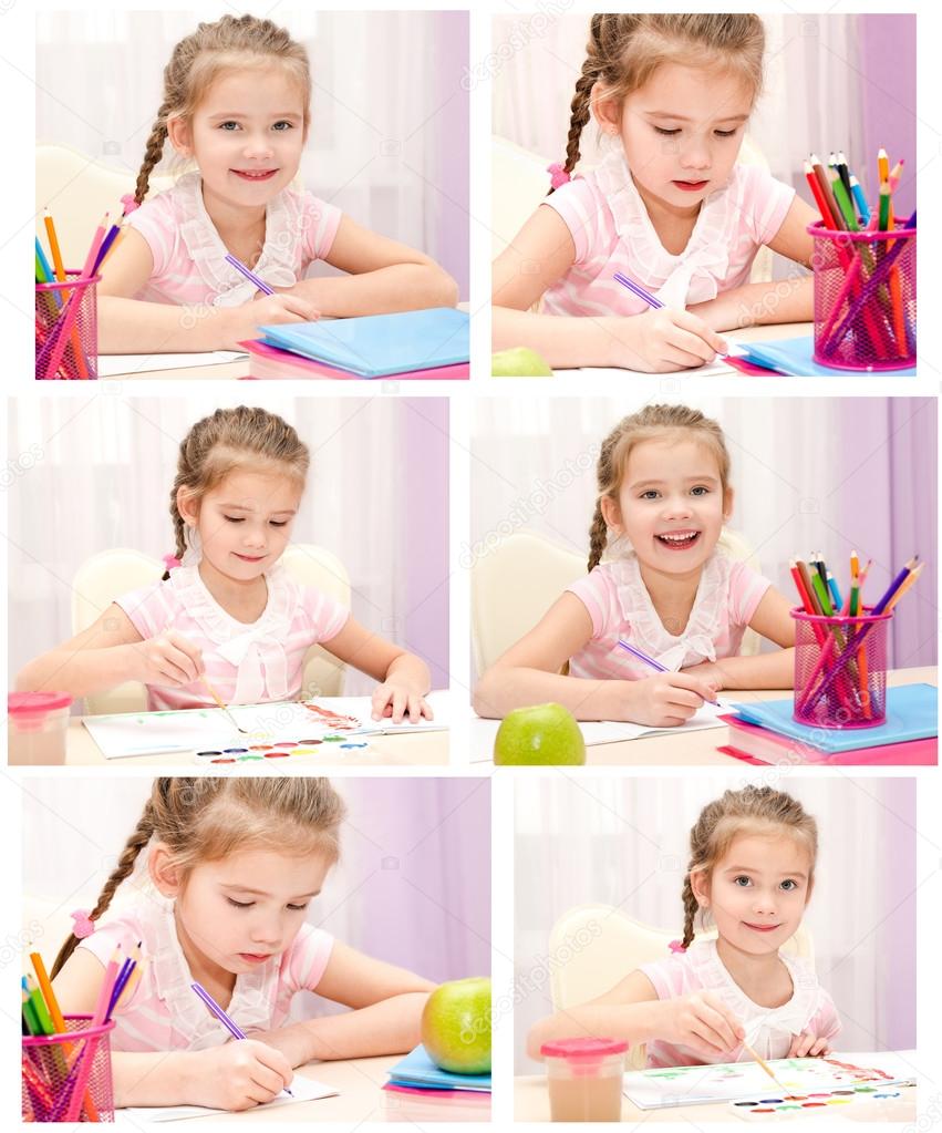 Collection of photos cute little girl writing and drawing 