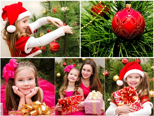 收集的照片家庭，小女孩，球，圣诞树 — 图库照片
