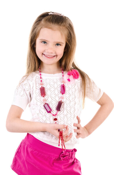 Adorable cute little girl in skirt with beads